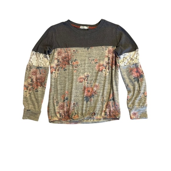 Jolt Womens Floral Print Long Sleeve Top Gray Lace Trim Medium M - Picture 1 of 10